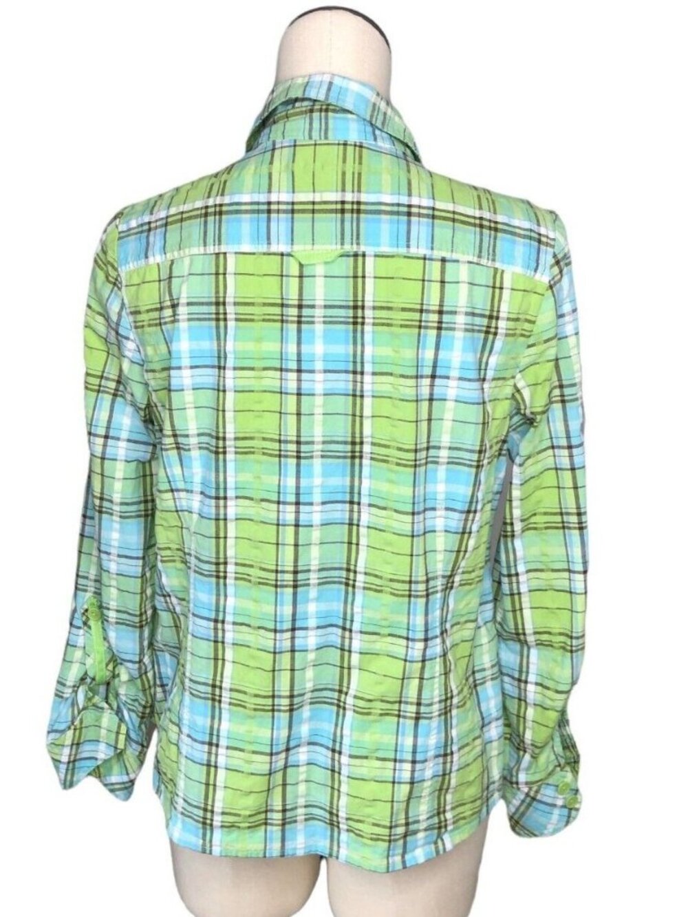 Christopher & Banks Button Down Shirt M Plaid Long Sleeves Green Blue Western - Picture 5 of 8